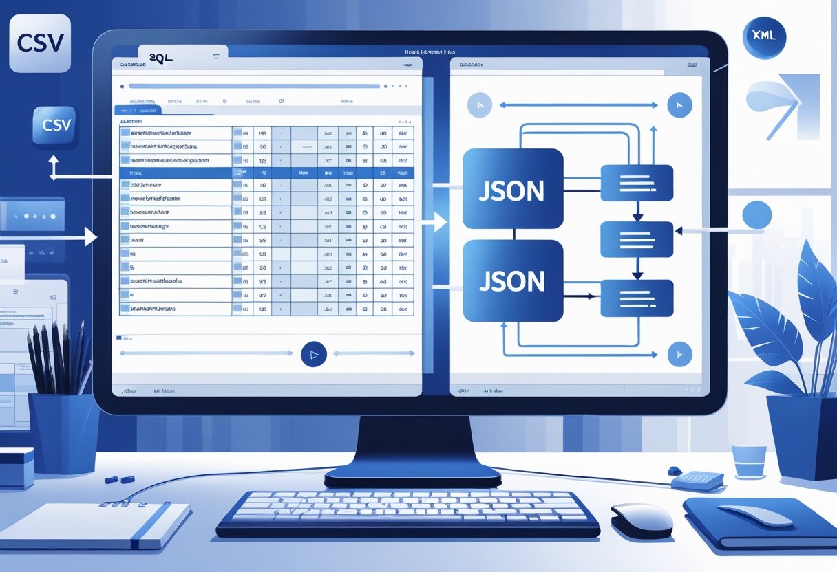 A workspace showing a computer screen with a SQL database table on one side and a JSON data structure on the other, connected by arrows representing data integration.