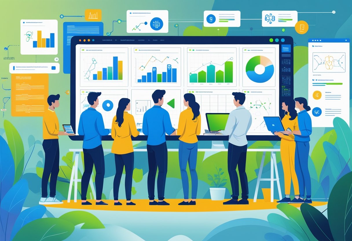 A group of diverse people collaborating around a large digital screen showing data charts and graphs in a modern workspace.