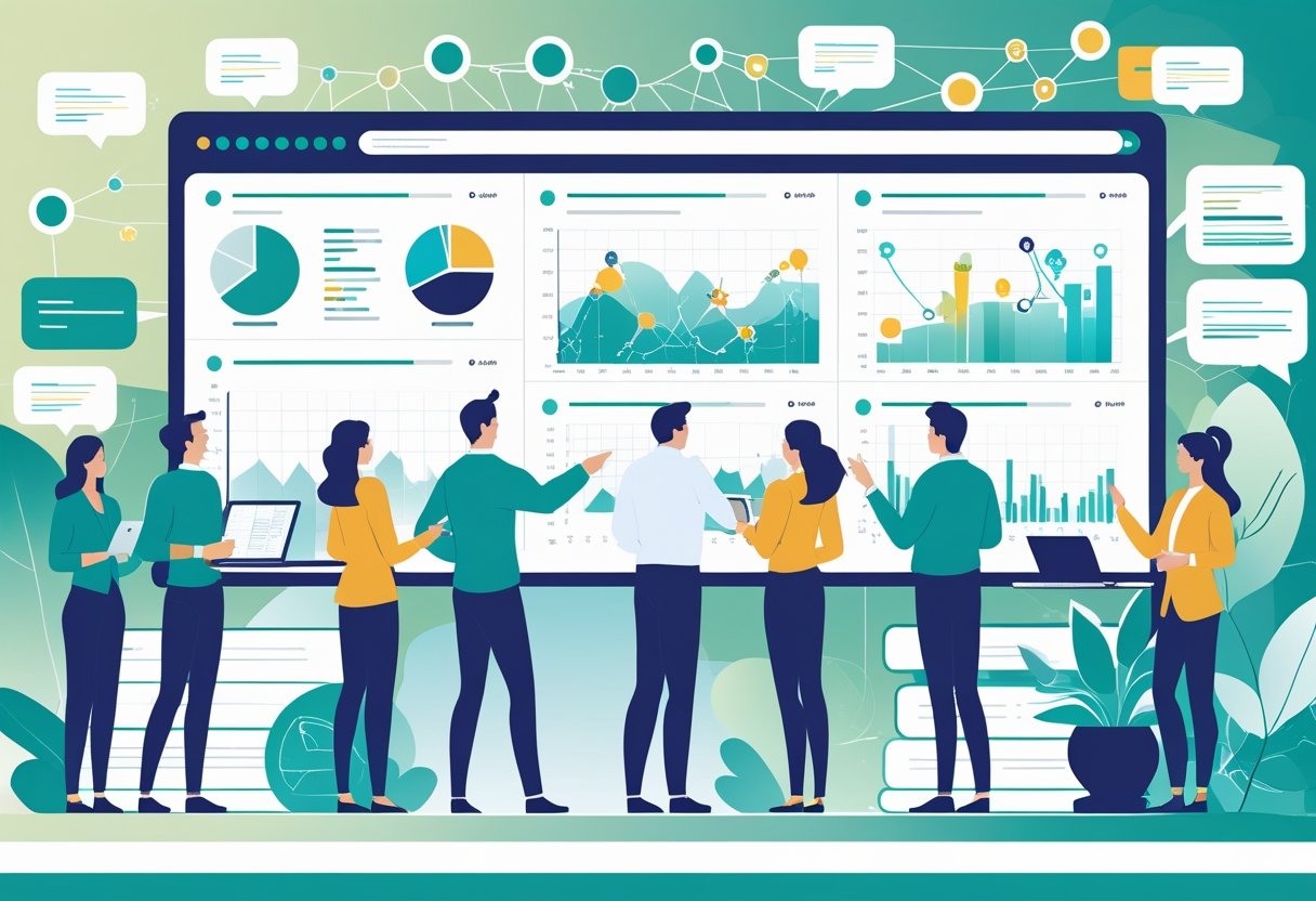 A group of professionals collaborating around a large digital dashboard showing data charts and network diagrams, with symbols of connectivity and teamwork in the background.