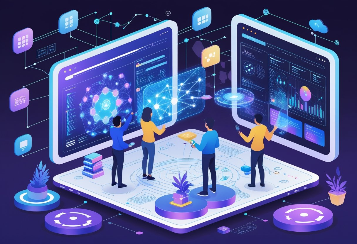 People collaborating around floating digital screens showing data charts and AI diagrams, connected by glowing nodes representing online communities.