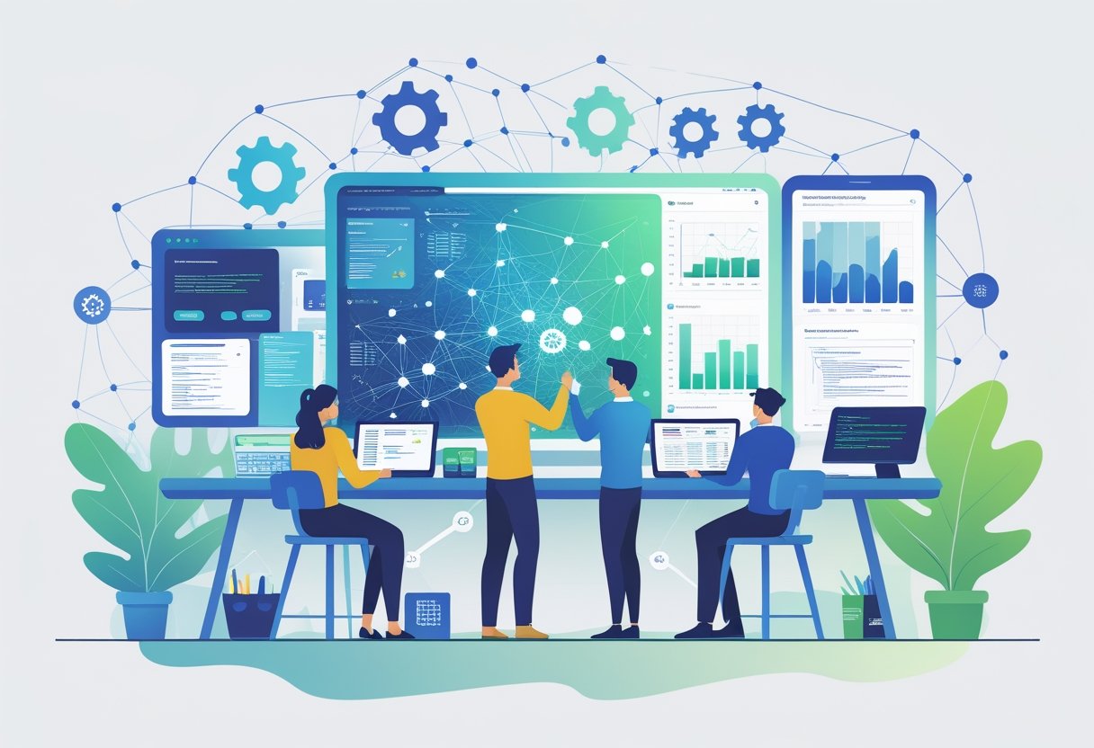 A group of diverse professionals collaborating around a large transparent screen showing data charts and network graphs, surrounded by digital devices and abstract network connections representing analytics communities.