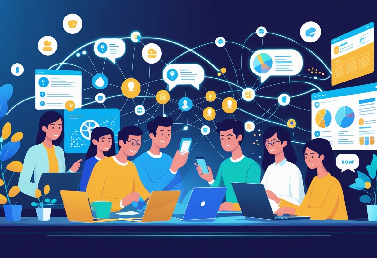 A group of people using digital devices connected by glowing lines, surrounded by icons of data charts and speech bubbles, interacting in a modern workspace.