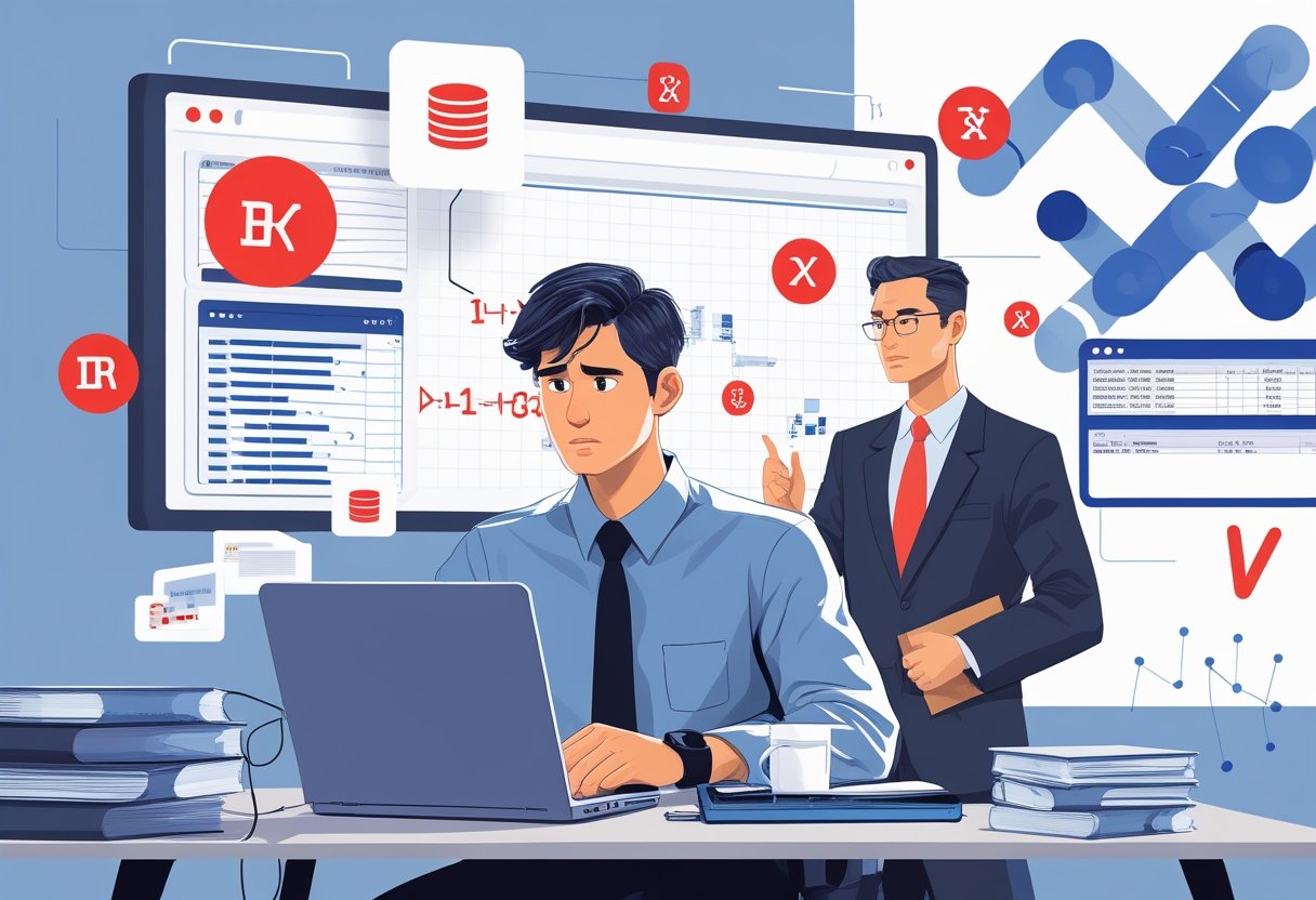 A job candidate at a desk with a laptop looking concerned while an interviewer watches, surrounded by symbols representing SQL errors and database concepts.