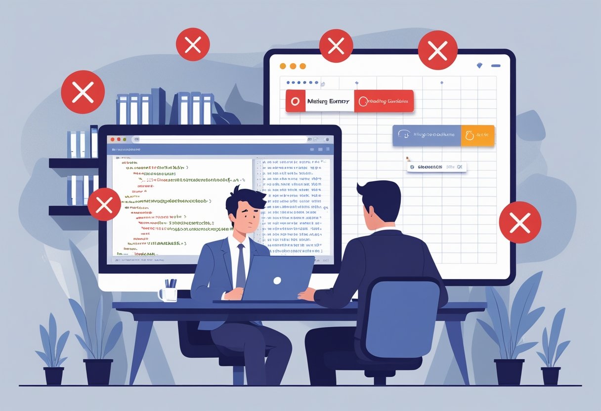 A candidate and interviewer in an office during an interview, with the candidate working on SQL code on a laptop and visual cues showing common SQL mistakes around them.
