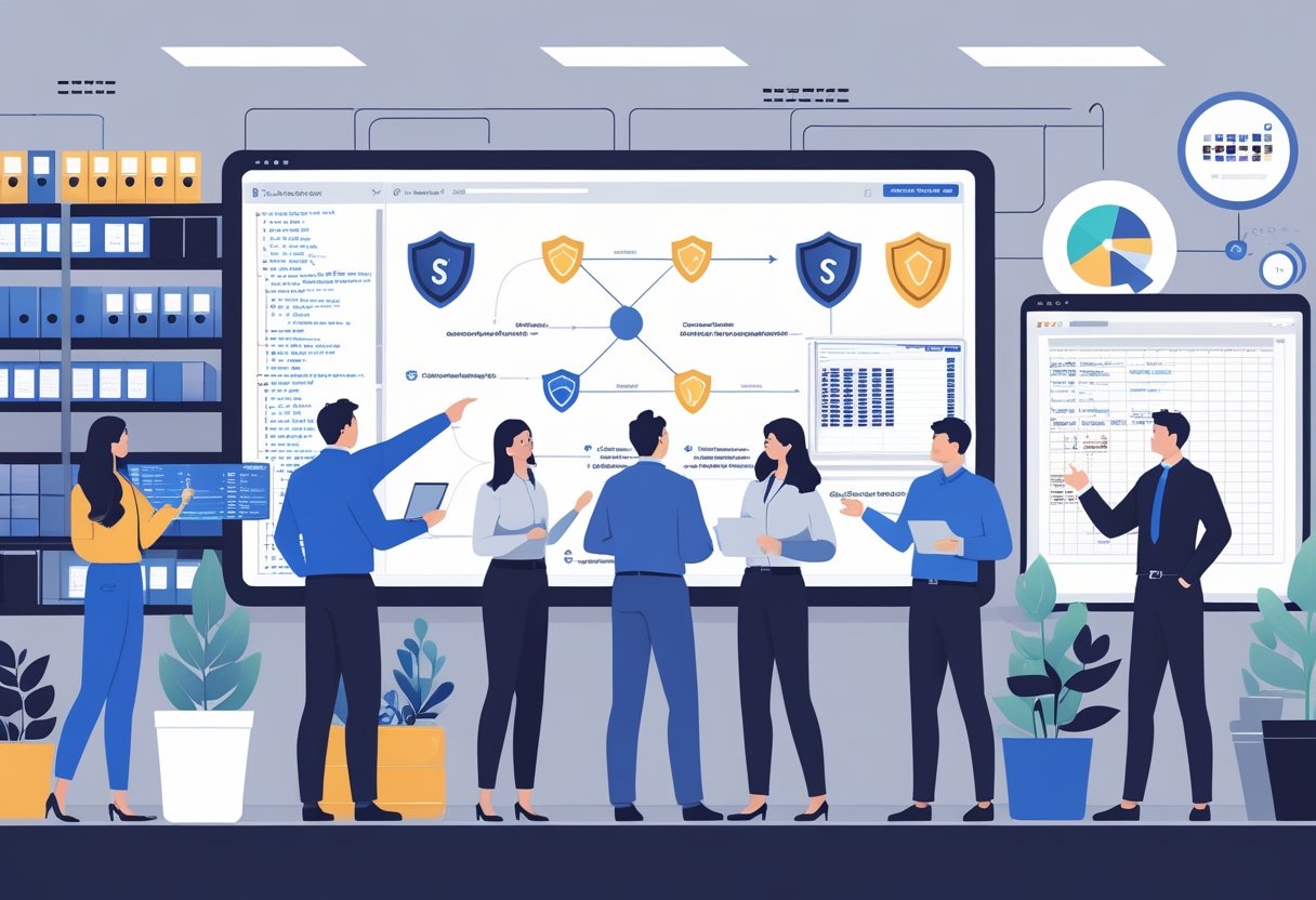 A group of professionals discussing SQL data integrity and performance around a large digital screen showing database and data flow visuals in a modern office.
