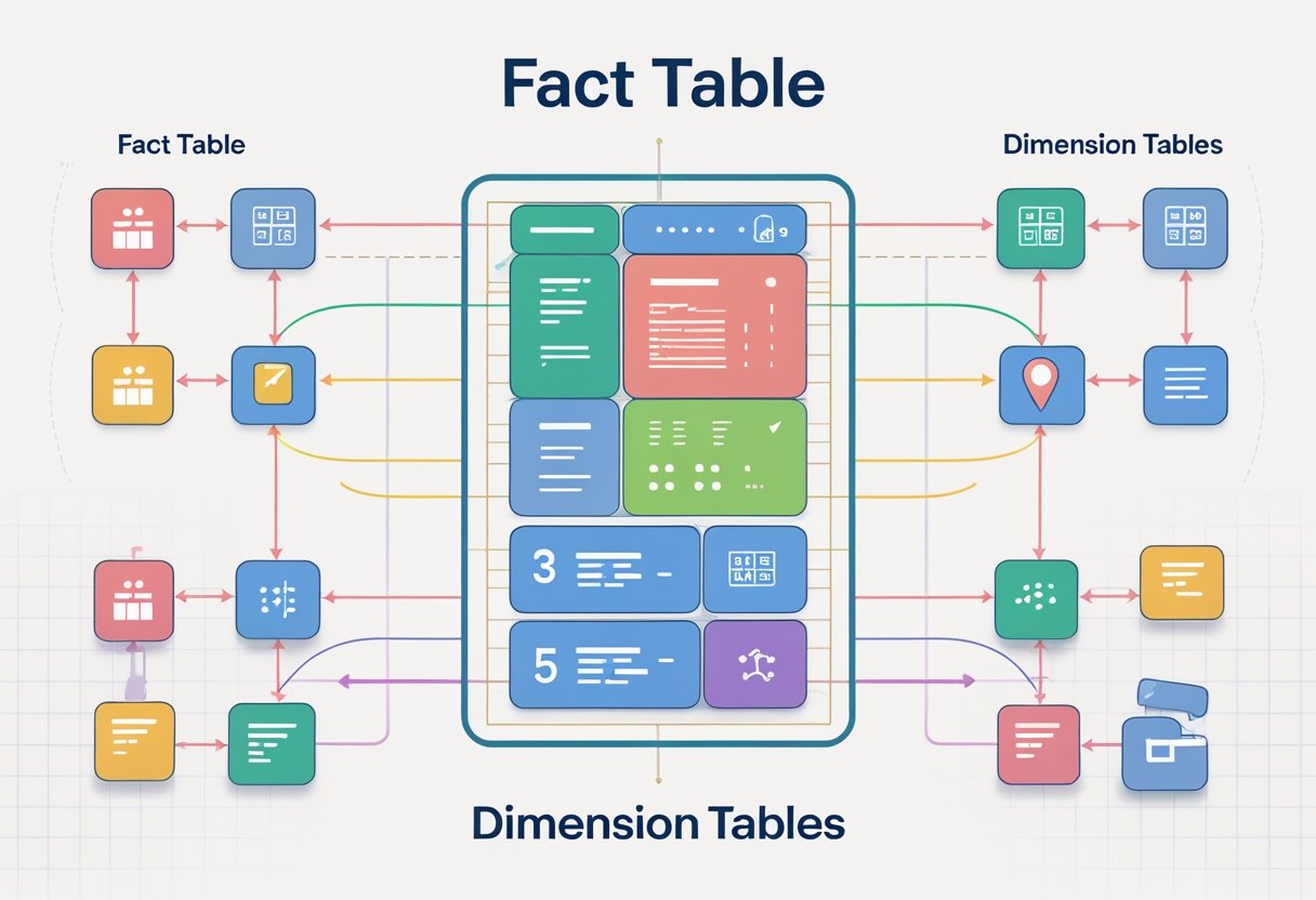 An illustration showing a central fact table connected by lines to several surrounding dimension tables representing categories like time, product, and location.