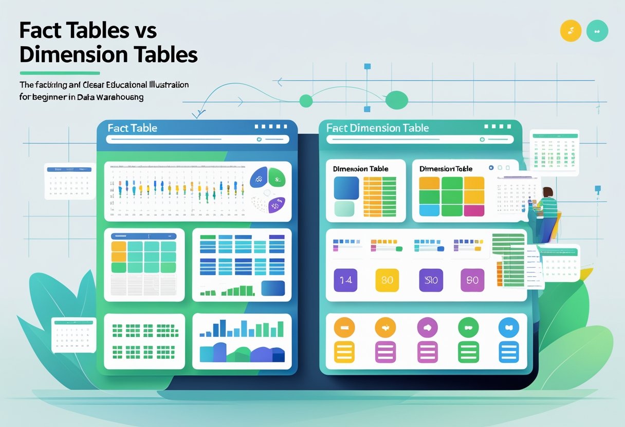 An educational illustration showing two connected database tables, one representing numeric data and the other showing descriptive attributes, with arrows indicating relationships between them.