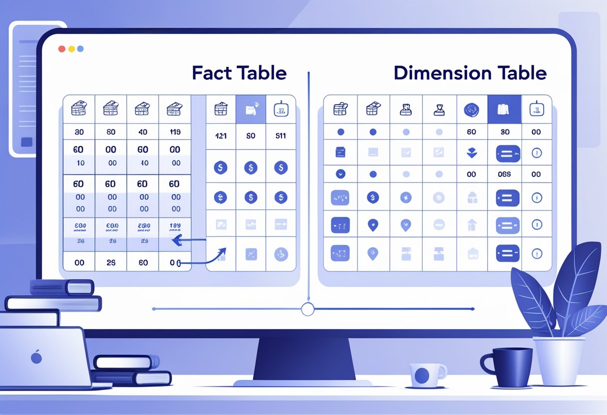 A workspace scene showing two connected tables representing fact and dimension tables with icons for sales data and descriptive attributes linked by lines.