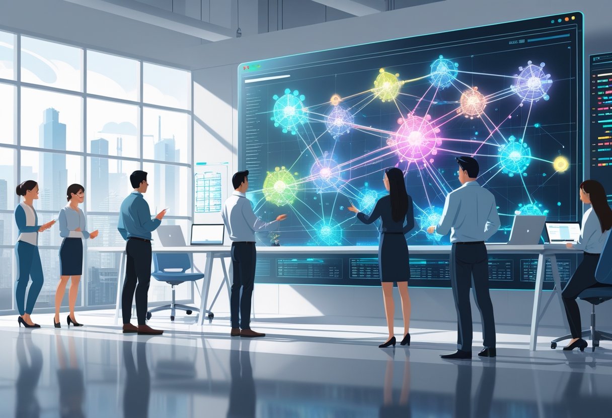 A group of professionals collaborating around a digital screen showing interconnected data nodes and streams in a modern office workspace.