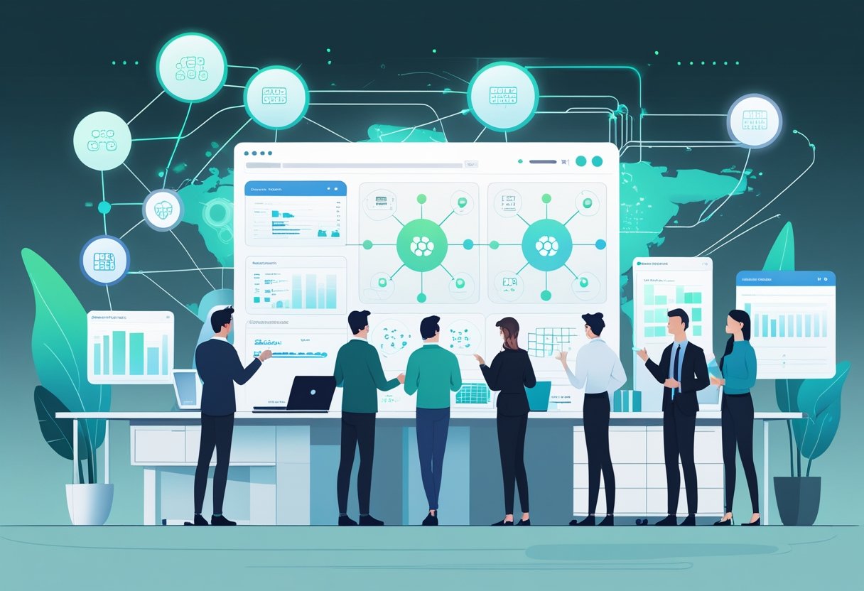 A group of professionals collaborating around a digital dashboard showing interconnected data nodes and flowcharts representing decentralized data architecture.