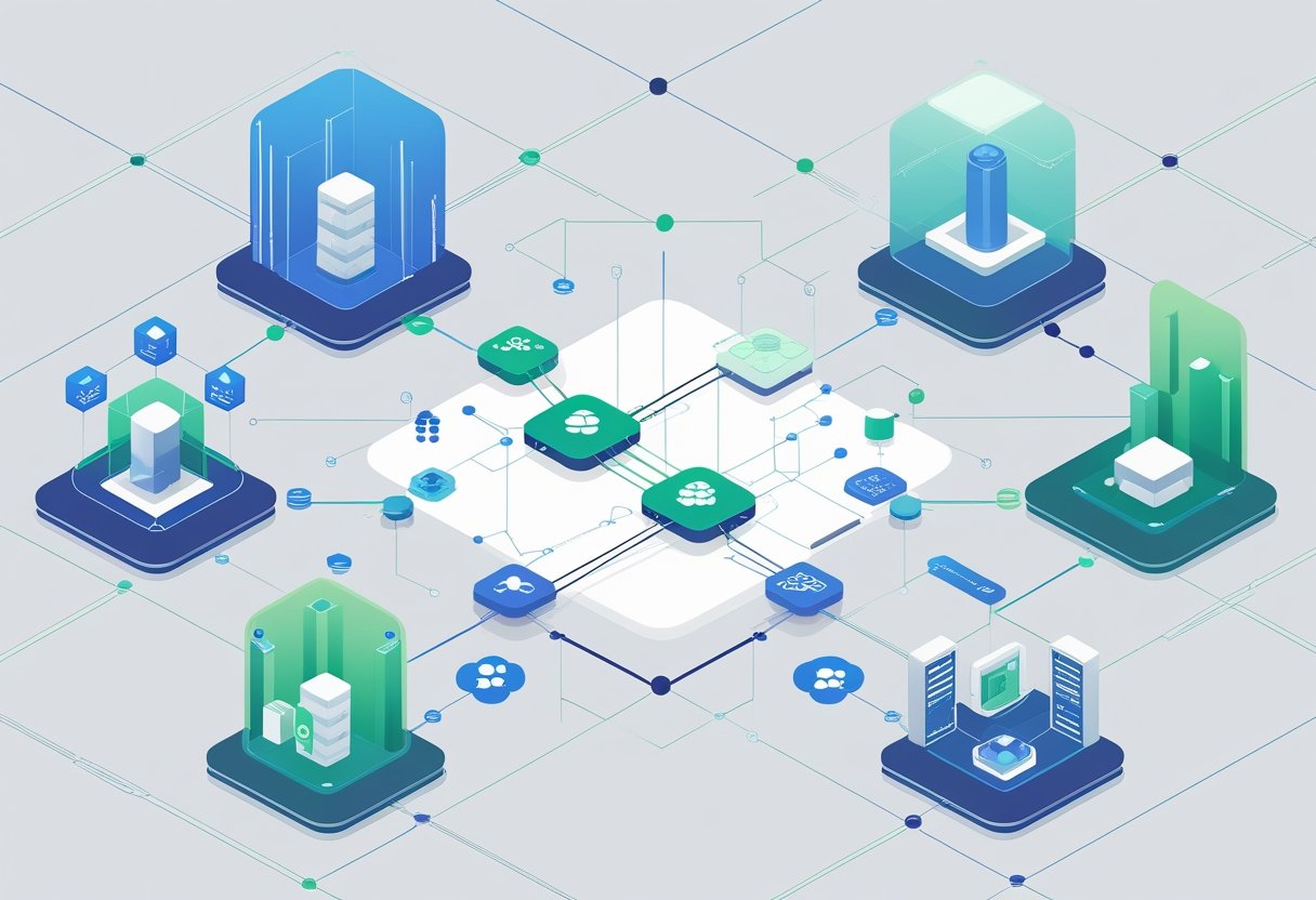 An illustration showing interconnected nodes representing different data domains, with icons for data ownership, data products, and analytics components connected by data flow lines.