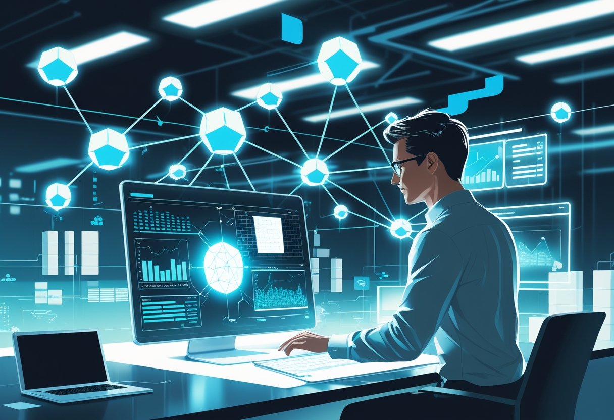 An analytics engineer working with interconnected glowing data nodes and digital data visualizations in a modern office setting.