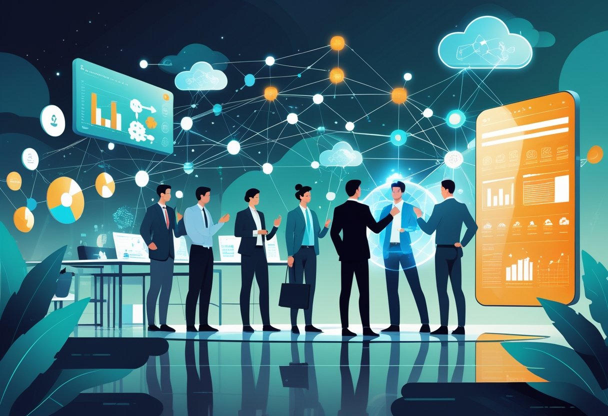 A group of professionals collaborating around digital data nodes and cloud networks, with data pipelines and analytics dashboards in the background, illustrating the concept of data mesh adoption.