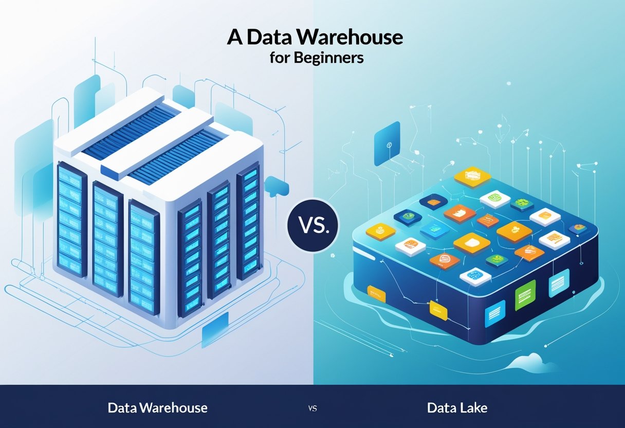 A side-by-side illustration showing a structured building with organized filing cabinets representing a data warehouse, and a large body of water with floating data icons representing a data lake, connected by arrows indicating data flow.