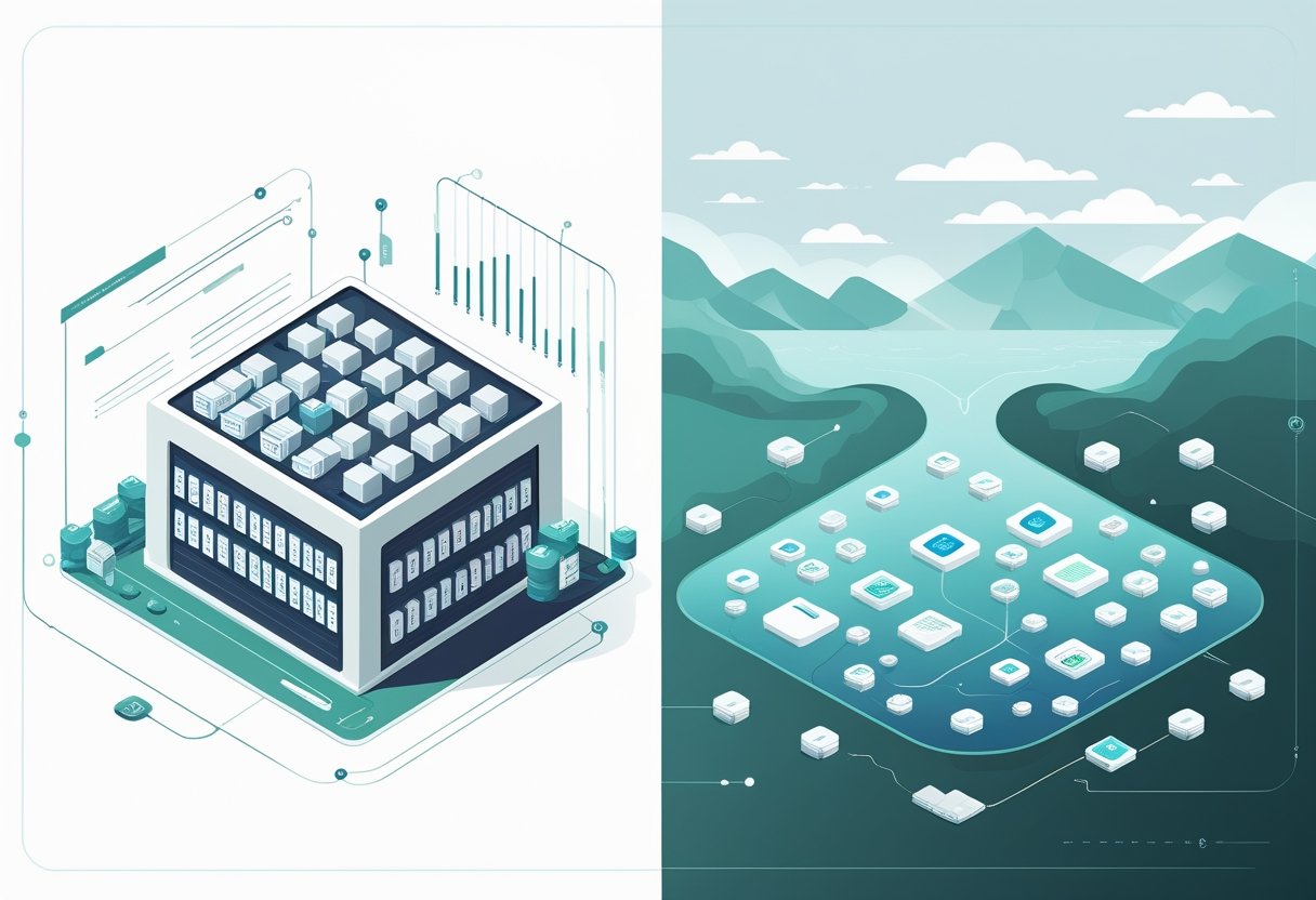 An illustration showing a structured data warehouse building with organized boxes on one side and a natural lake with diverse raw data icons on the other side, highlighting the difference between organized and unstructured data storage.