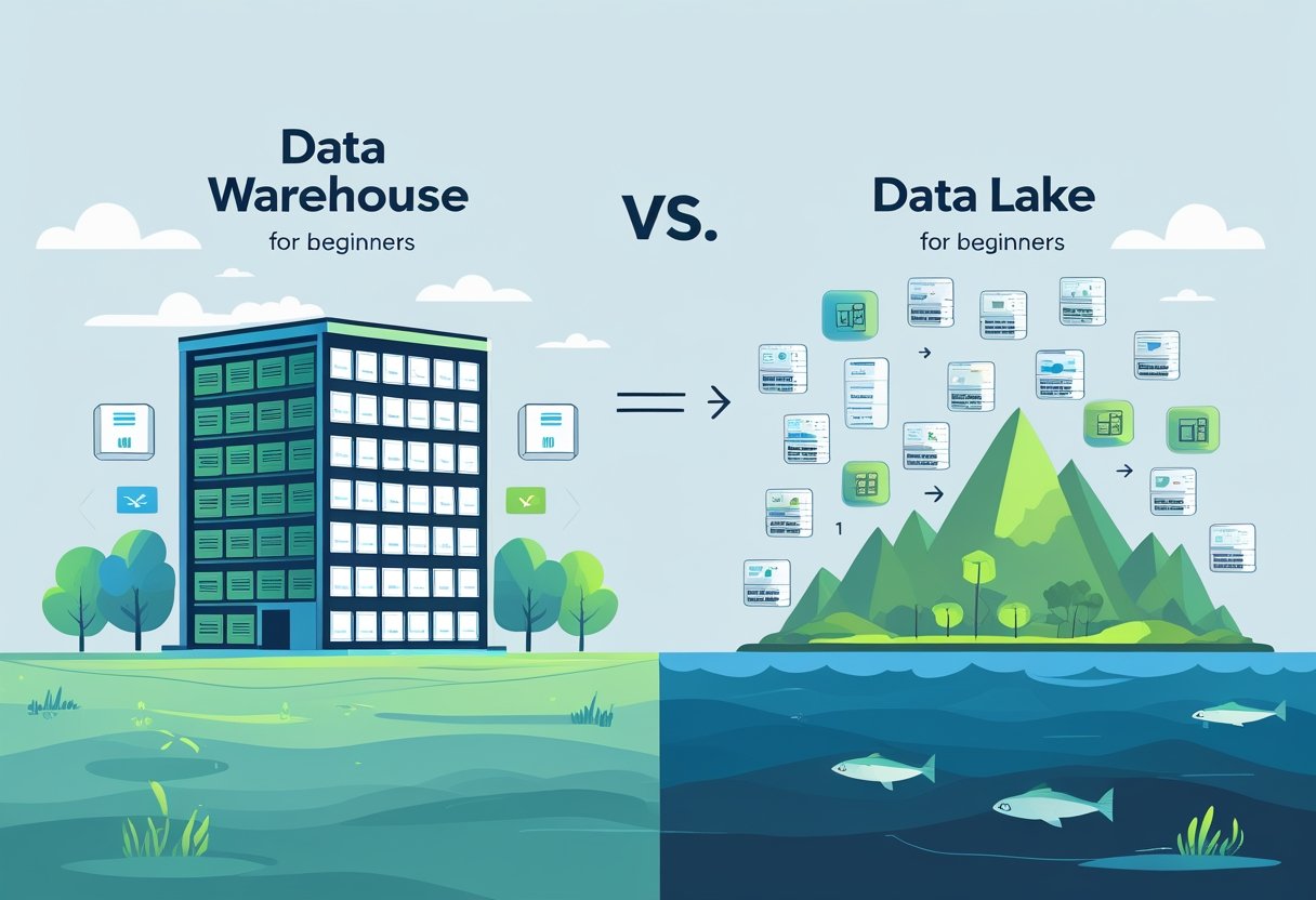 A side-by-side illustration showing a structured building representing a data warehouse and a large open body of water representing a data lake, with symbols indicating different types of data and data flow between them.