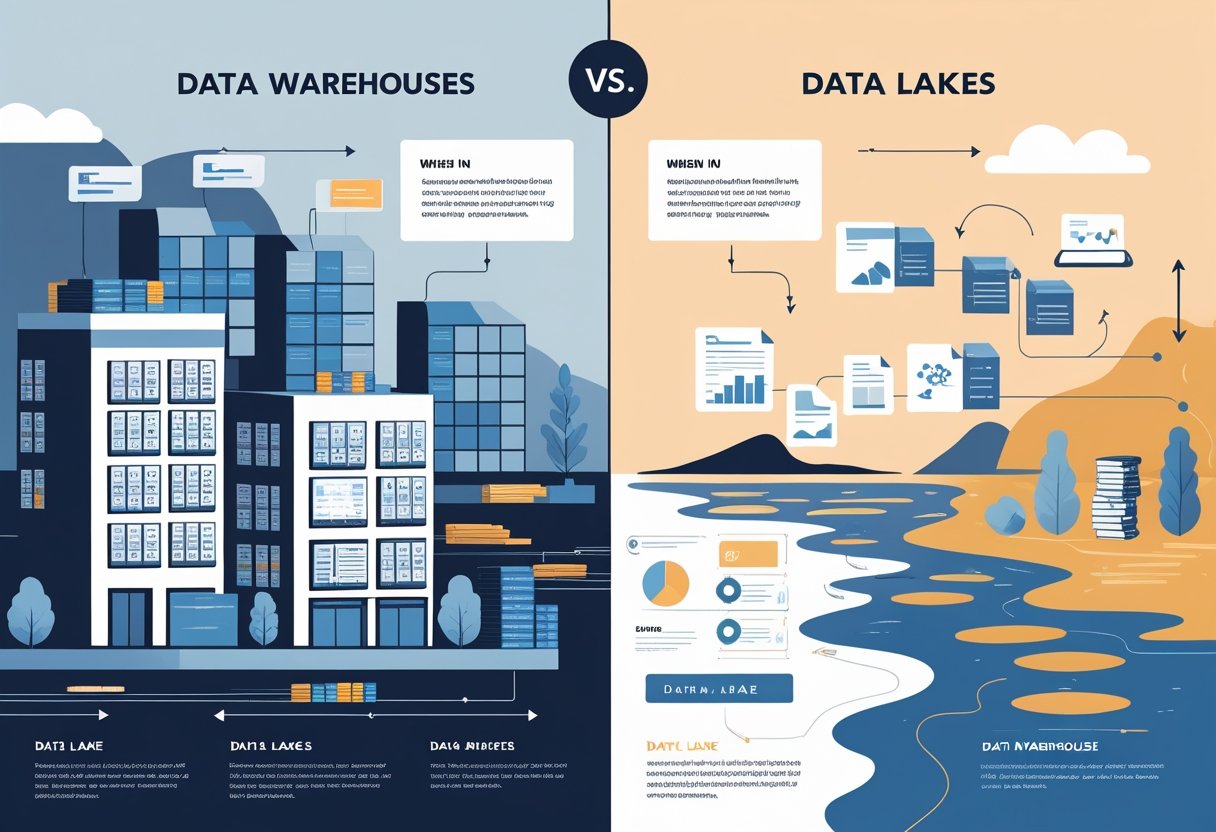 An illustration showing a comparison between a structured warehouse with organized boxes and a natural lake with flowing data elements, connected by arrows representing when and how to use each.