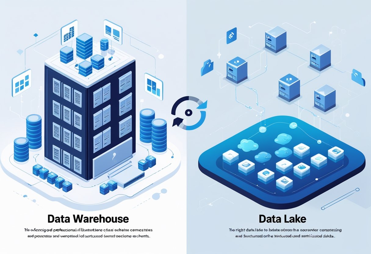 An illustration comparing a structured data warehouse building with a fluid data lake environment, showing different types of data storage and a decision-making symbol between them.