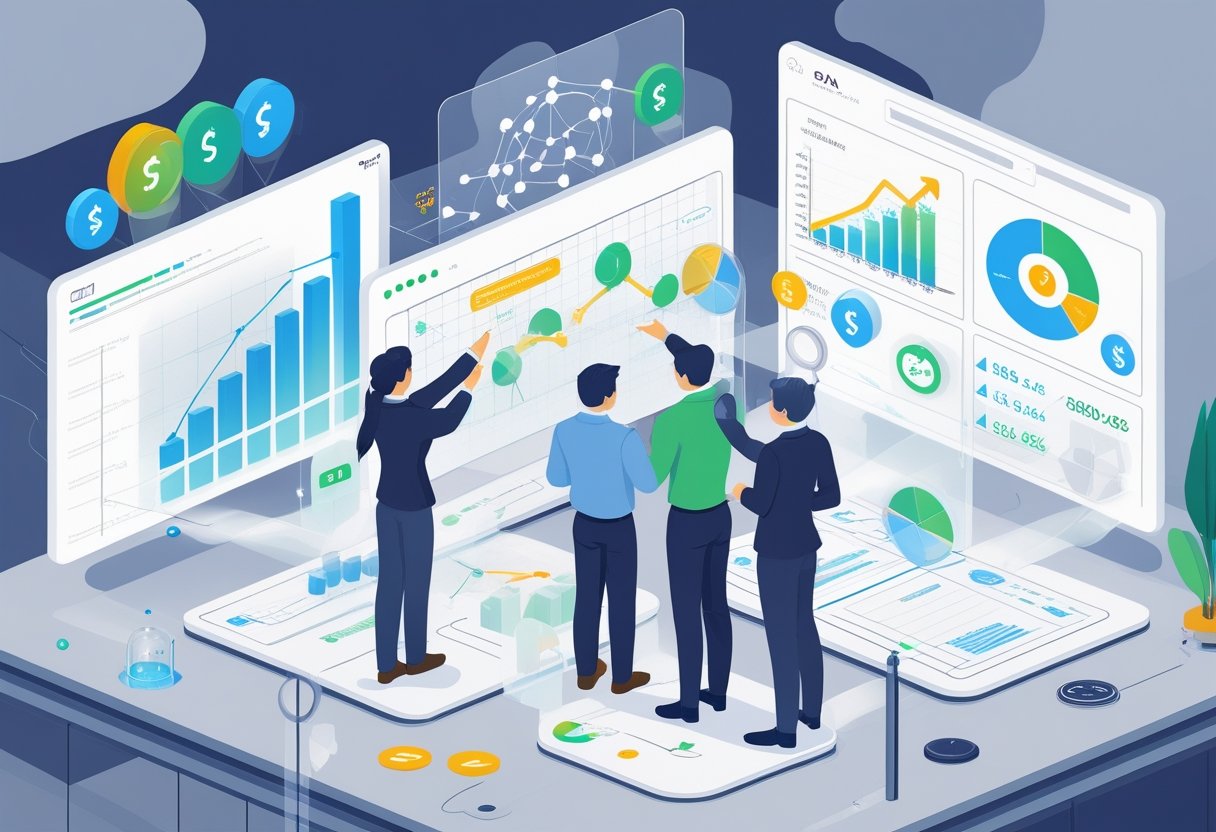 A group of professionals in an office analyzing data on digital screens and holographic charts, highlighting data testing and business impact.