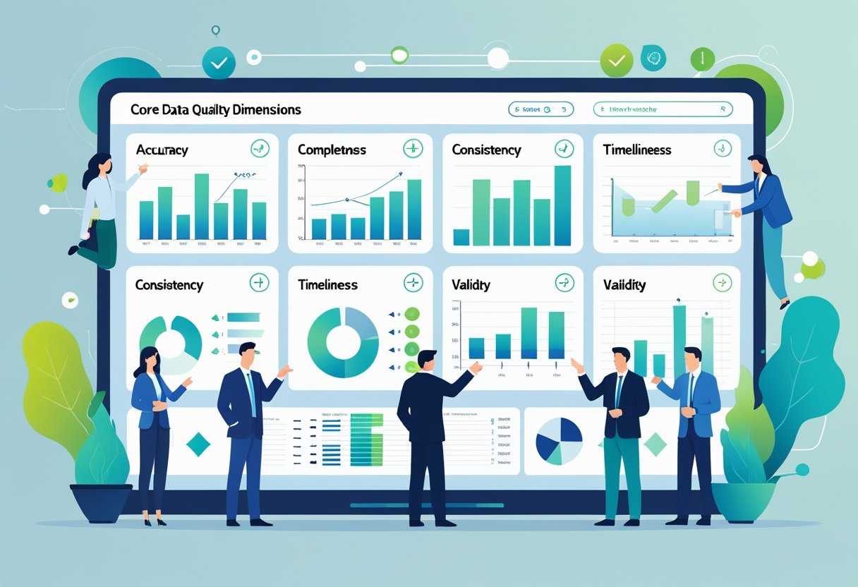 A group of professionals analyzing a digital dashboard displaying various data quality metrics with charts and icons representing data accuracy and common issues.