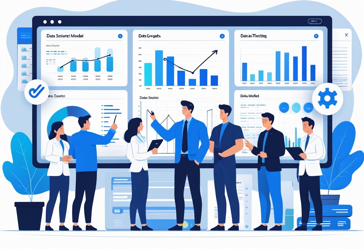 A team of data scientists working together around a digital dashboard showing charts and graphs representing data testing and accuracy.