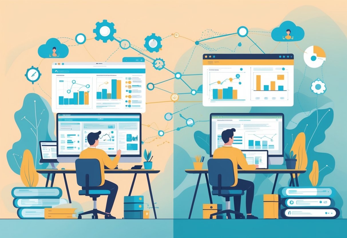 A person working at two connected desks, analyzing data charts on one side and coding data pipelines on the other, illustrating a career transition in data analytics.