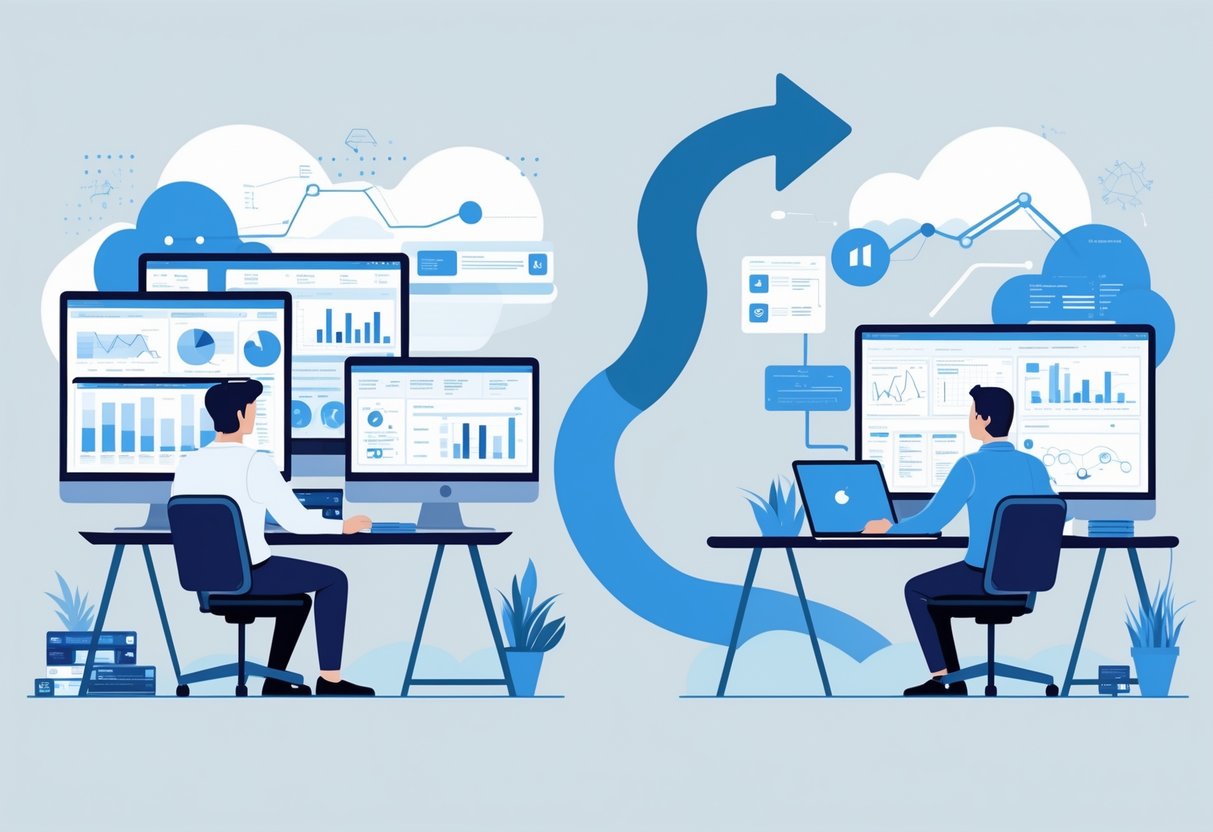 A person transitioning from working with business intelligence dashboards to coding and managing data pipelines, connected by an arrow showing career progression.
