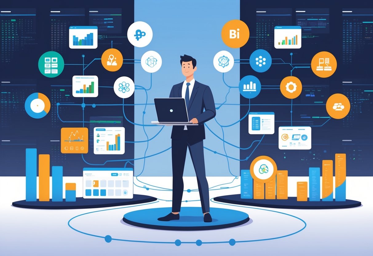 A professional standing at a crossroads between BI analysis tools and analytics engineering tools, holding a laptop with data streams connecting both sides.
