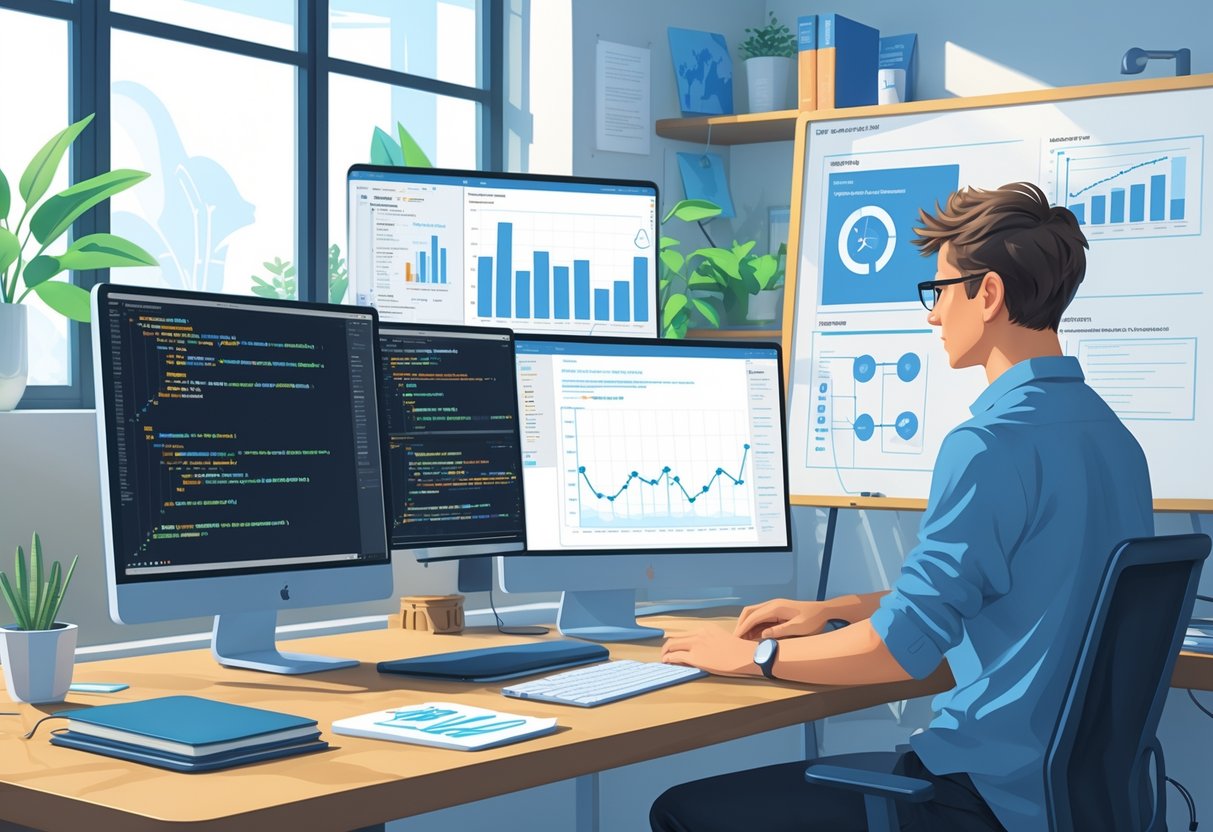 A person working at a desk with two computer screens showing data charts and code, surrounded by notebooks and diagrams on a whiteboard in a bright office.