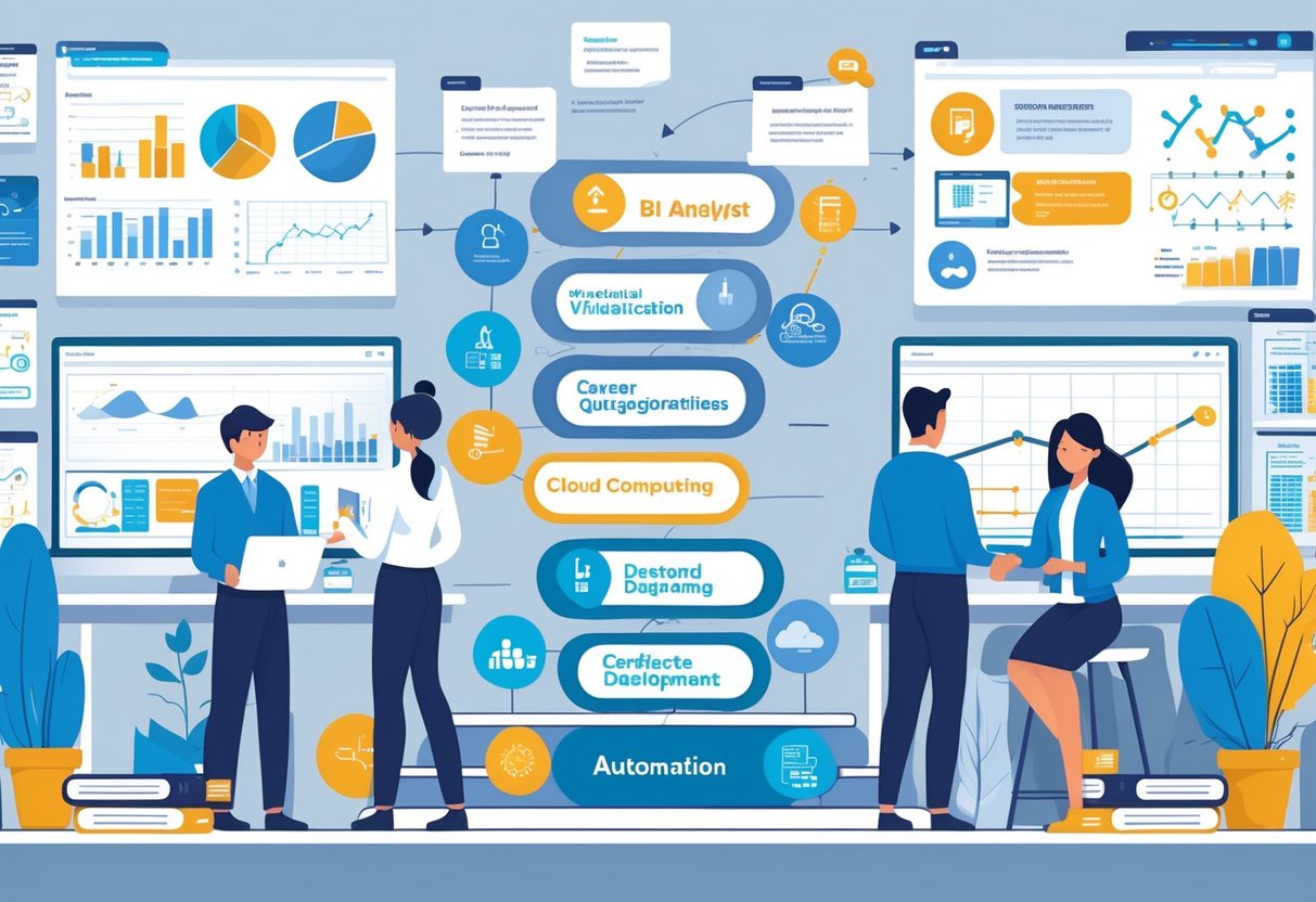 Two professionals in an office setting illustrating a career transition from BI Analyst to Analytics Engineer, connected by a pathway of skills and learning milestones with data-related tools and charts around them.