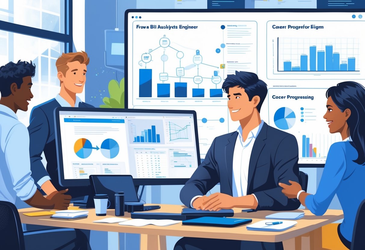A young professional discussing data and career growth with colleagues in a modern office filled with computer screens showing charts and code.