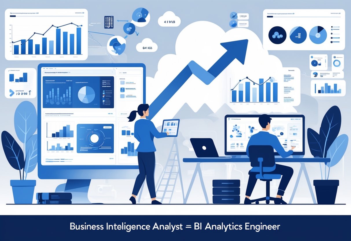 Two professionals in an office setting, one working with data dashboards and the other coding data pipelines, connected by an upward arrow symbolizing career growth.