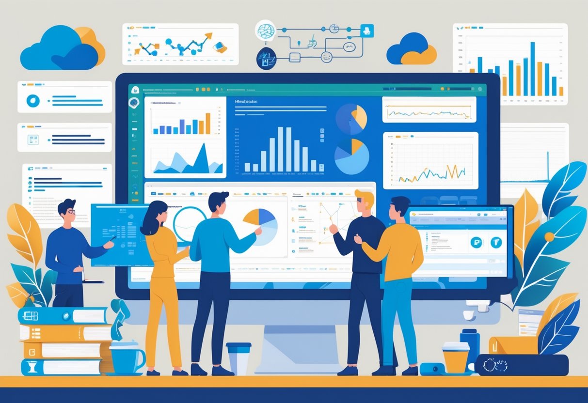 A team of professionals working together around digital screens showing data charts, code, and analytics tools in a bright office setting.
