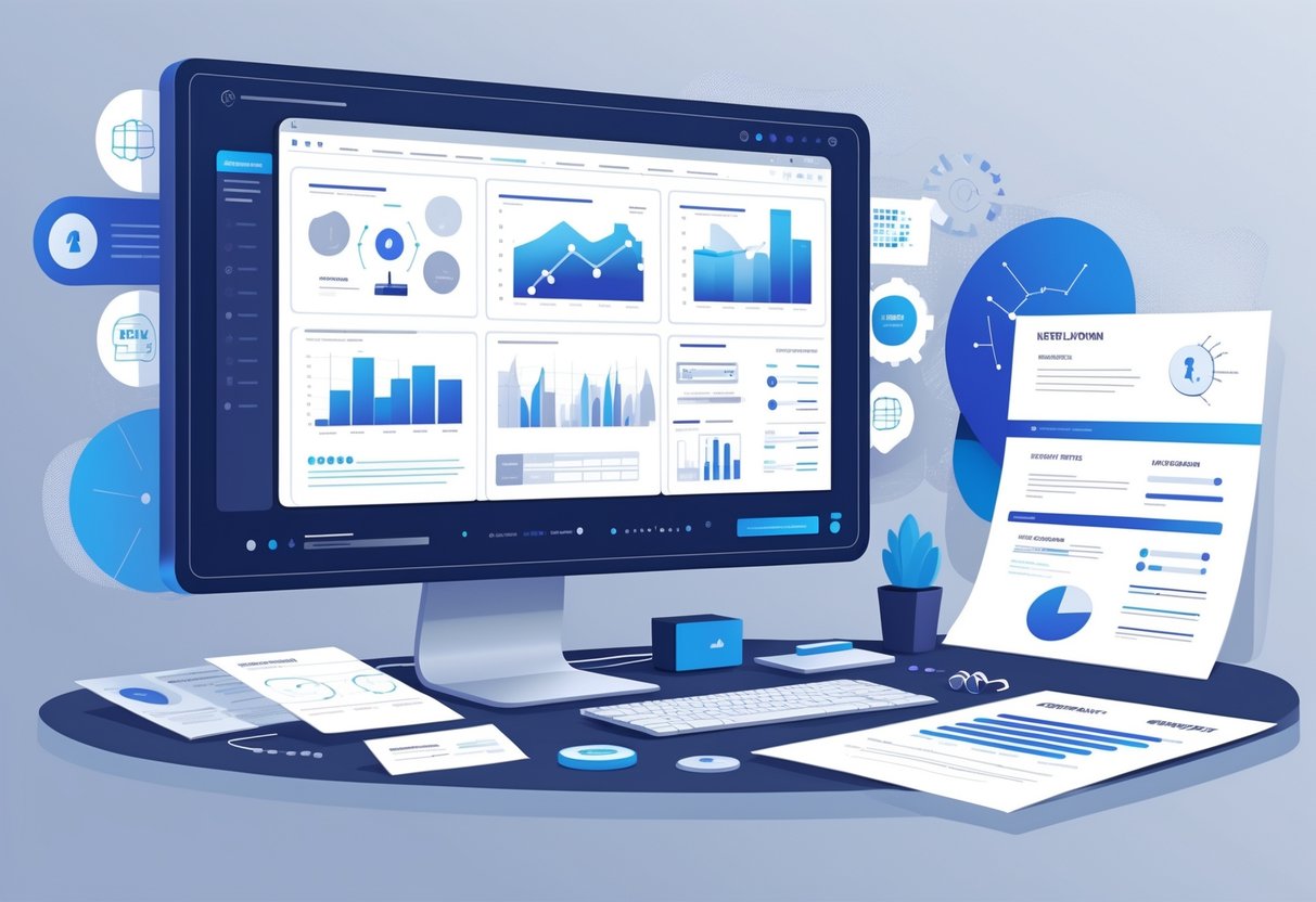 A workspace with a computer showing data charts and graphs, surrounded by symbols of professional achievements and career development.