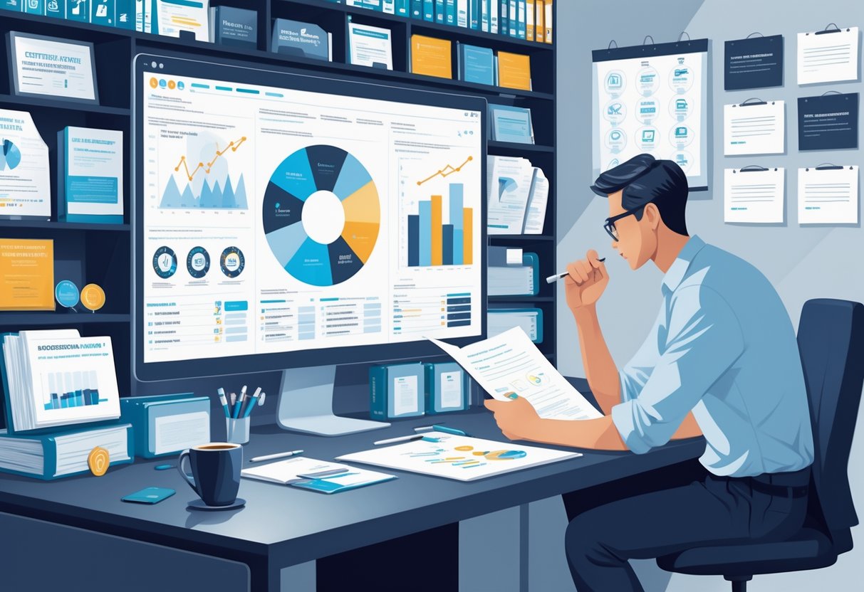 A person at a desk reviewing documents with a computer displaying data charts, surrounded by certification badges and books, representing professional development and analytics work.