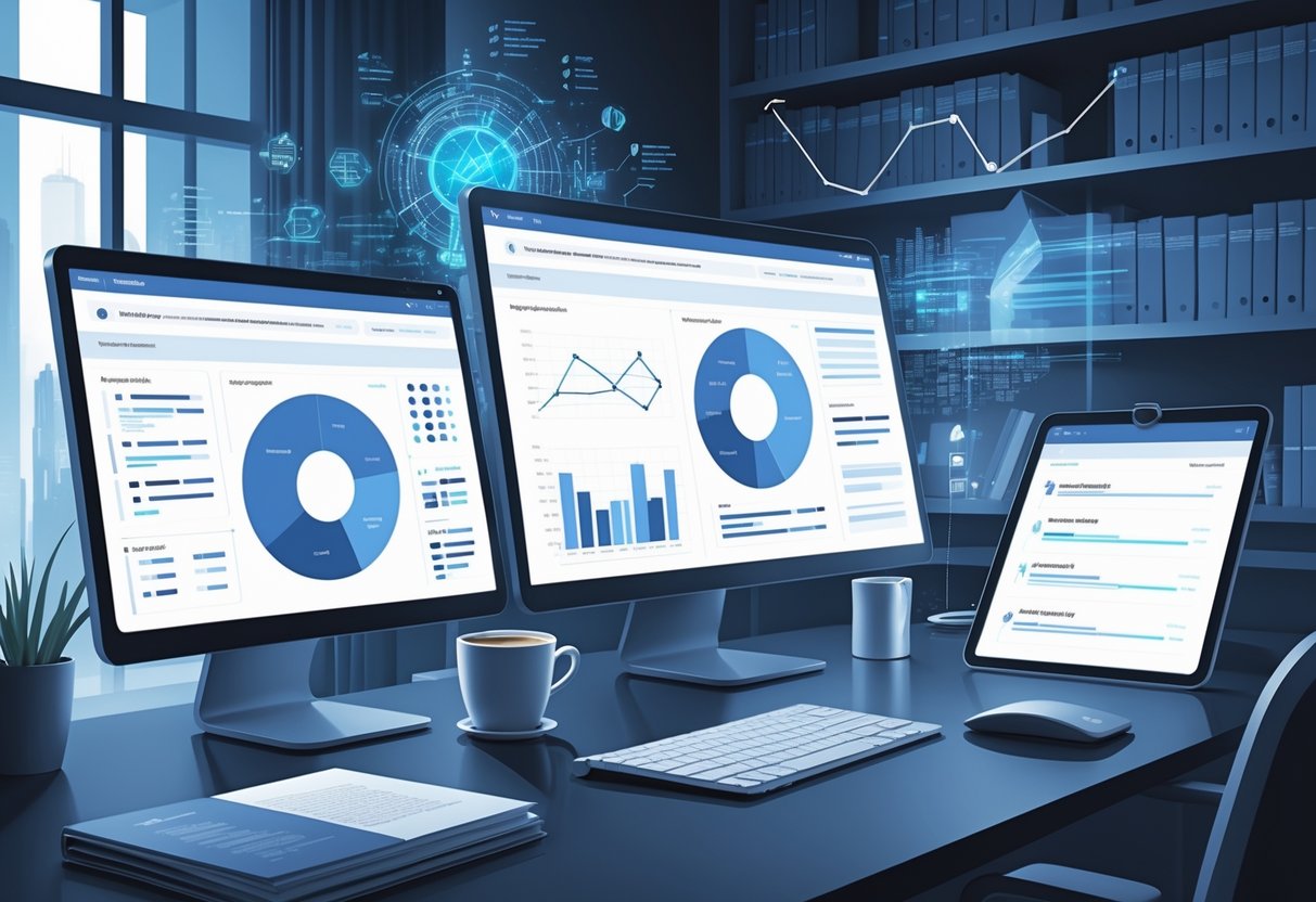A workspace with multiple monitors showing data visualizations, a laptop, notebooks, and a tablet displaying a resume template, surrounded by books and holographic graphs.
