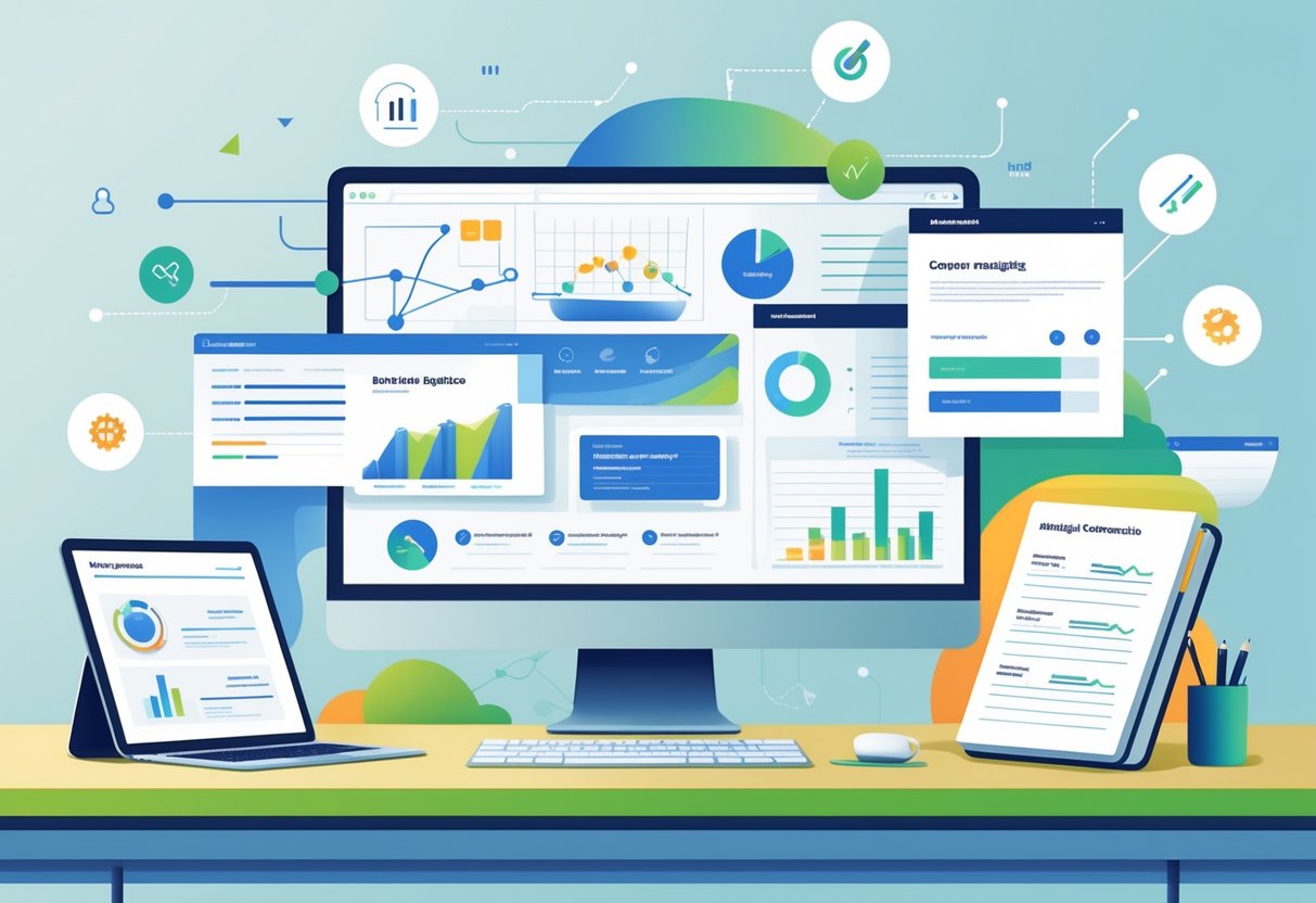 A workspace with a laptop showing data charts, a tablet displaying a resume template, and icons representing questions, data, and documents floating around.
