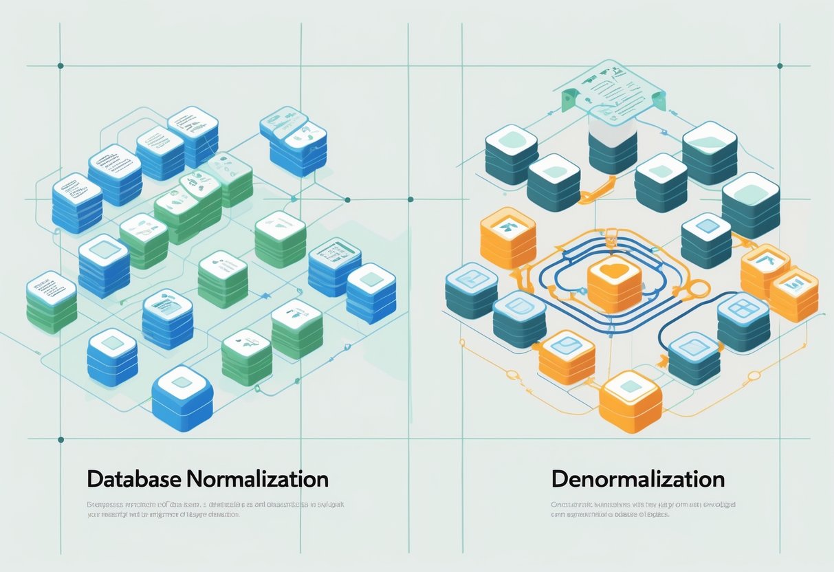 Illustration showing two database structures side by side, one organized with clear relationships representing normalization, and the other more interconnected with some duplicated data representing denormalization.