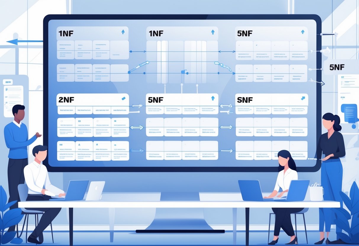 A group of professionals working together in an office with a large transparent screen showing interconnected database tables illustrating the progression from unorganized to highly structured forms.