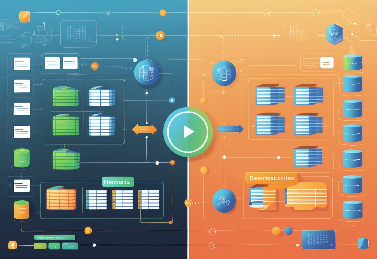 An illustration showing two database schemas side by side, one with organized tables representing normalization and the other with merged tables and duplicated data representing denormalization, connected by arrows indicating their relationship.