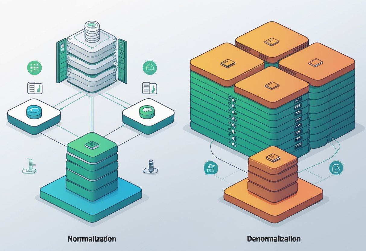 An illustration showing two database schemas side by side: one with multiple organized tables connected by lines, and the other with fewer, larger tables containing duplicated data.