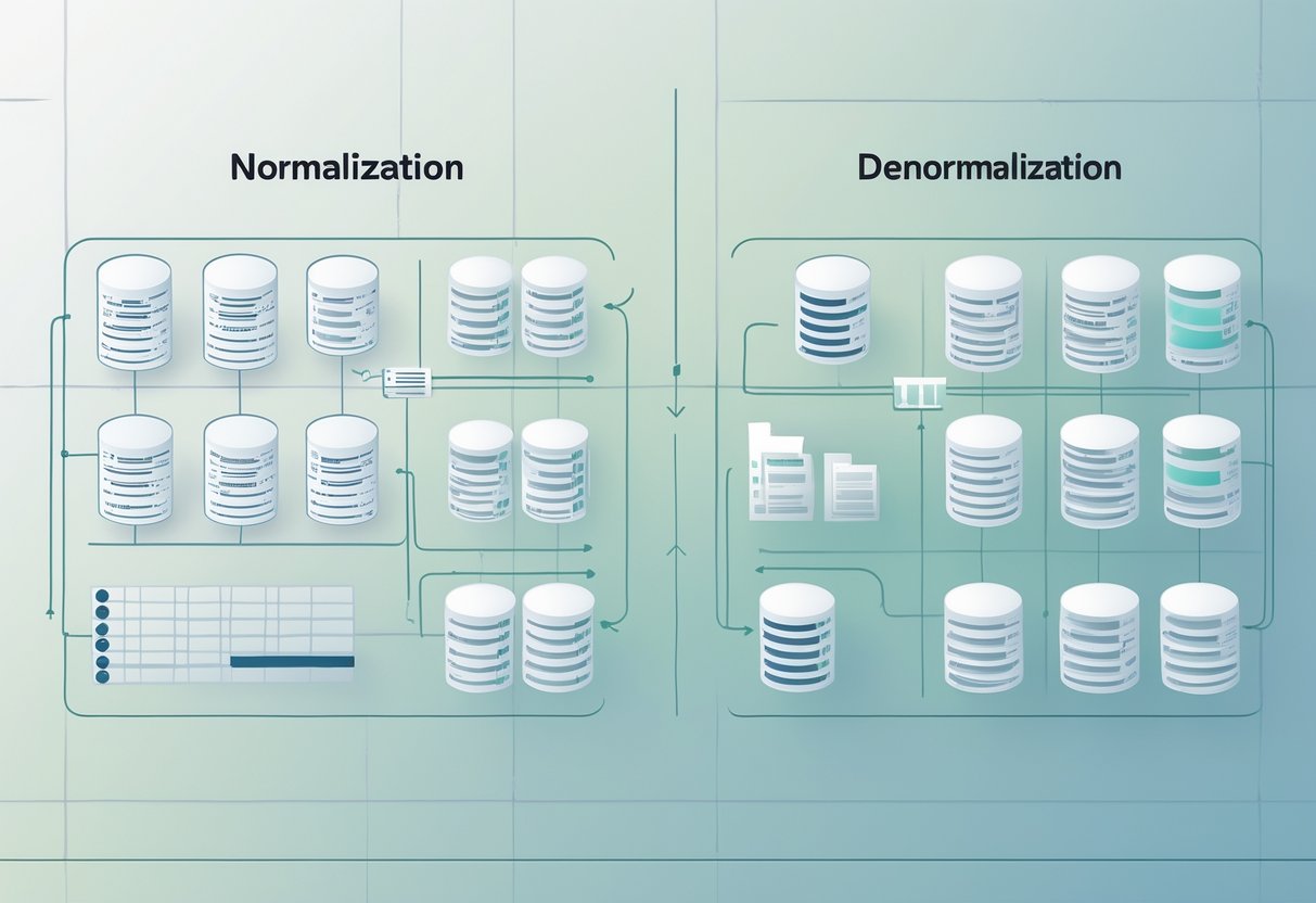 An illustration showing two database diagrams side by side, one with multiple connected tables representing normalization, and the other with fewer tables containing duplicated data representing denormalization.