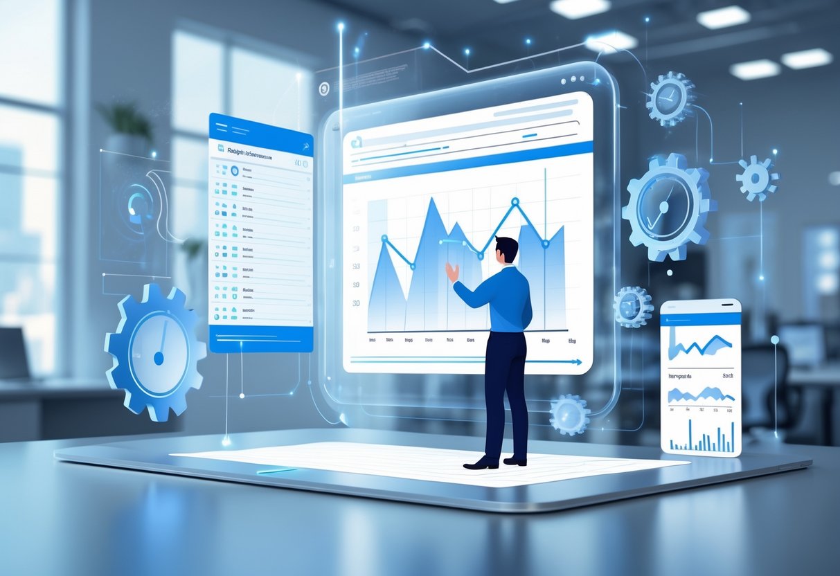 A data analyst working with a holographic display showing database tables, query plans, and performance graphs in a modern office.
