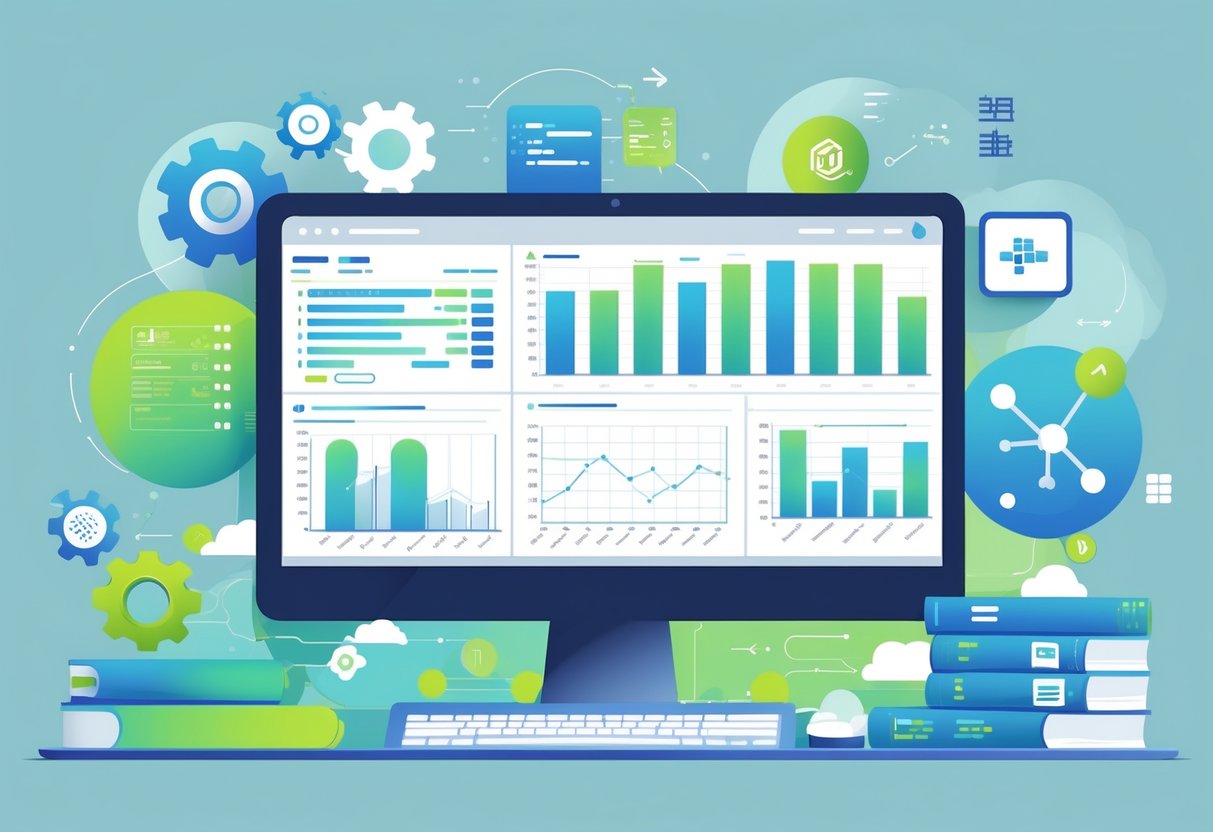 A workspace with a computer screen showing abstract SQL query visualizations and performance graphs surrounded by icons representing database optimization concepts.