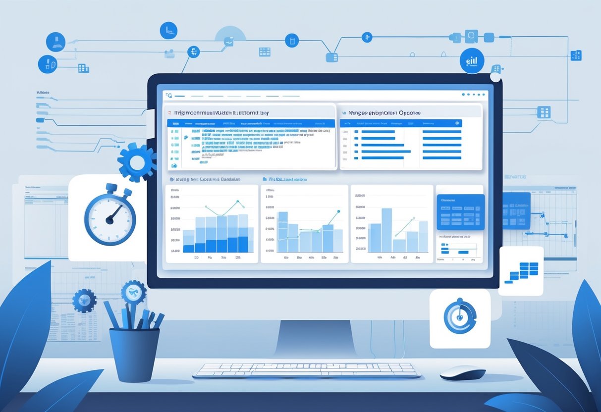 A workspace with a computer screen showing SQL code and charts representing query optimization and database performance.