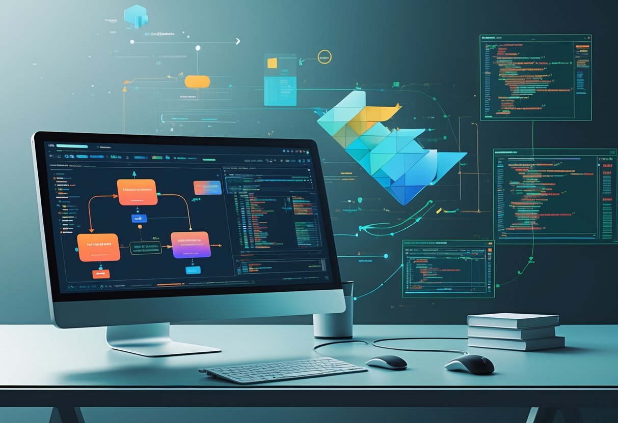 A workspace with a computer monitor showing complex data flow diagrams and interconnected graphical elements representing database query optimization.