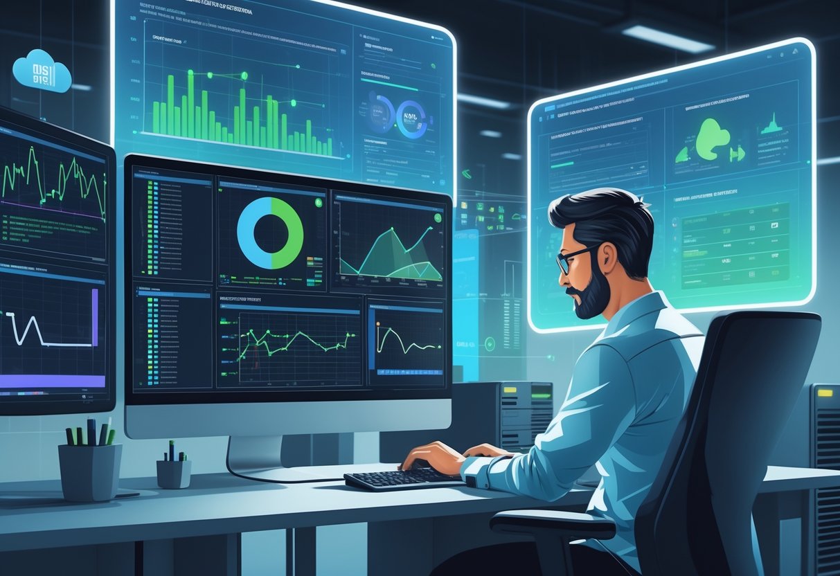 A person analyzing data on a computer with charts and graphs showing SQL query performance and optimization details in a modern office setting.