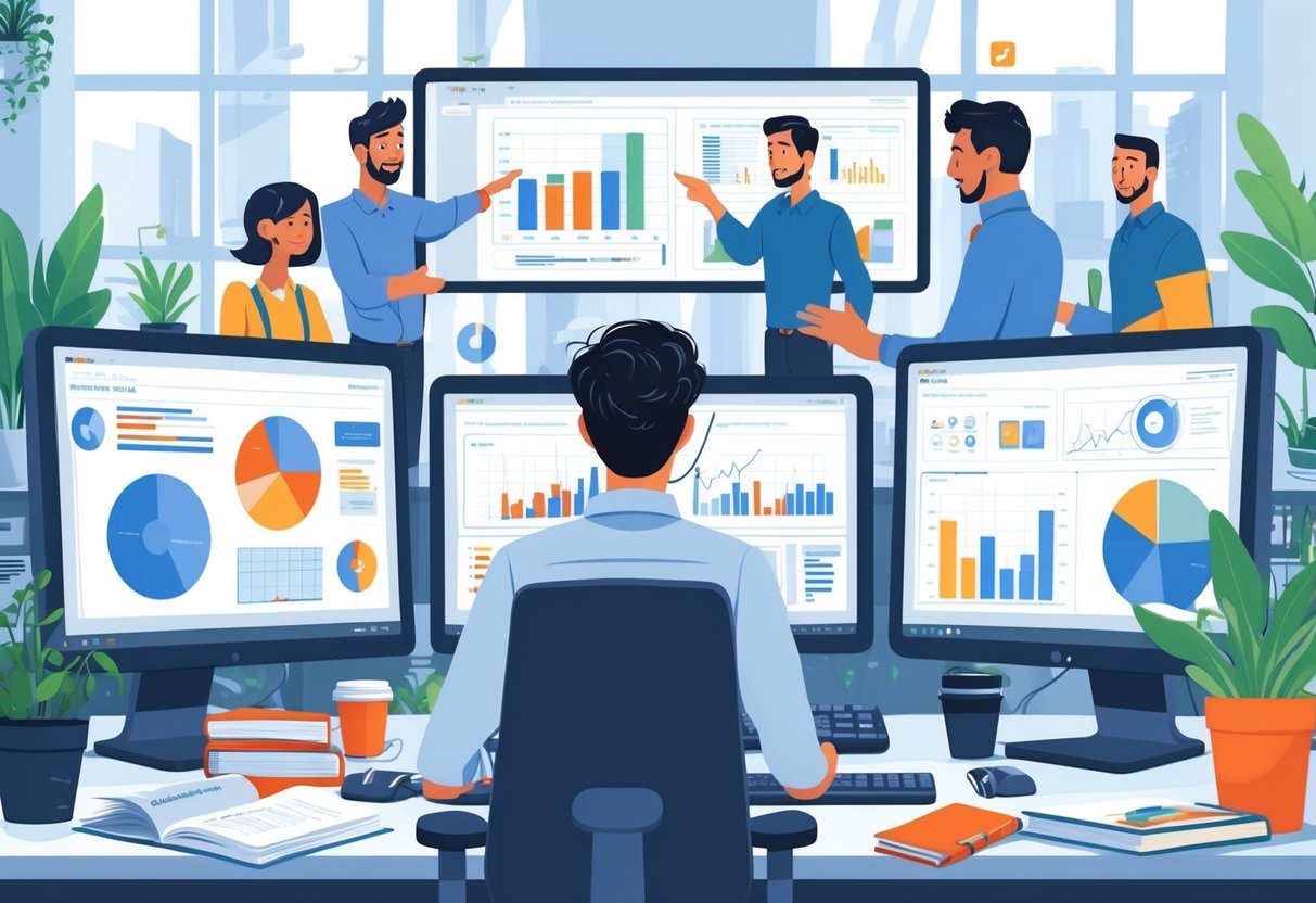 An intern working at a desk with multiple monitors showing data and charts, surrounded by colleagues discussing analytics in a modern office.