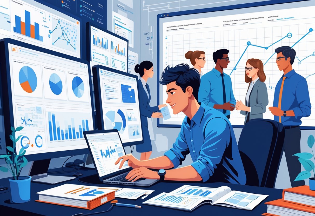 An intern working on a laptop in an office with data charts on screens and a team collaborating around a whiteboard.