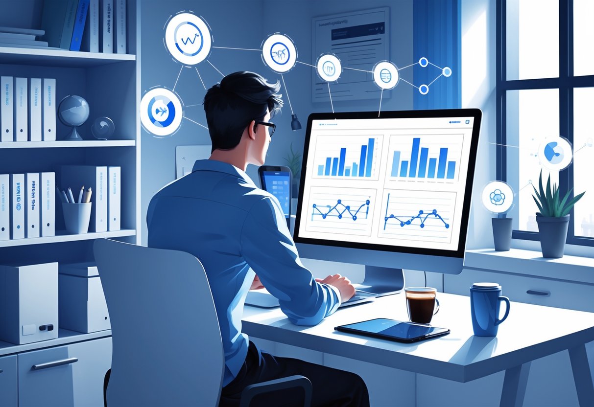 A young adult working at a desk with a laptop showing data charts, surrounded by floating analytics icons in a home office.